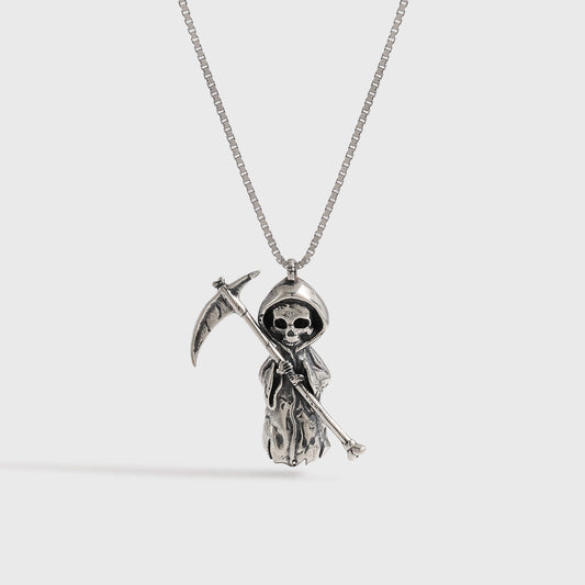 Vintage A Skeleton Holding A Sickle 925 Sterling Silver Necklace