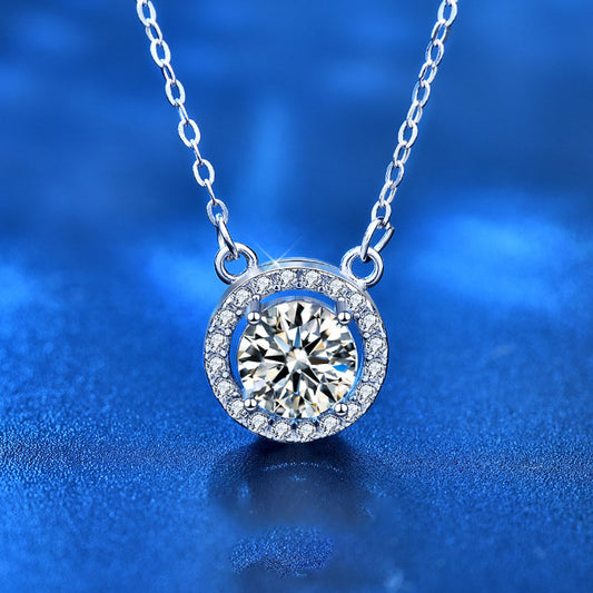 Women Round Moissanite CZ Border 925 Sterling Silver Necklace