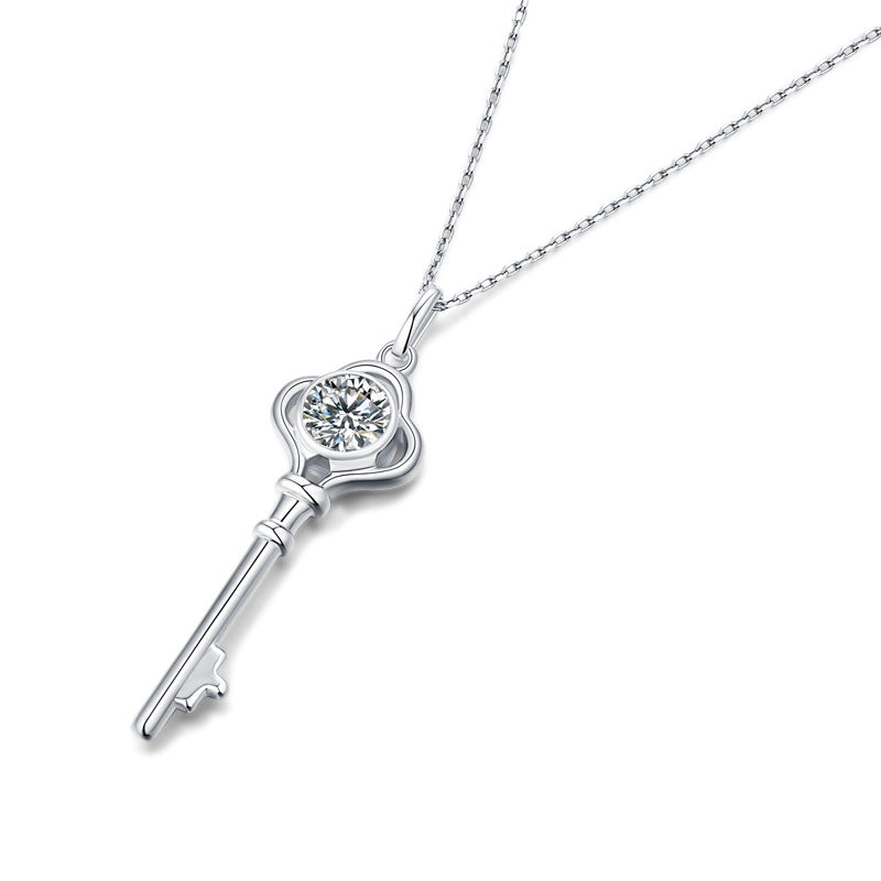 Women Moissanite CZ Key 925 Sterling Silver Necklace