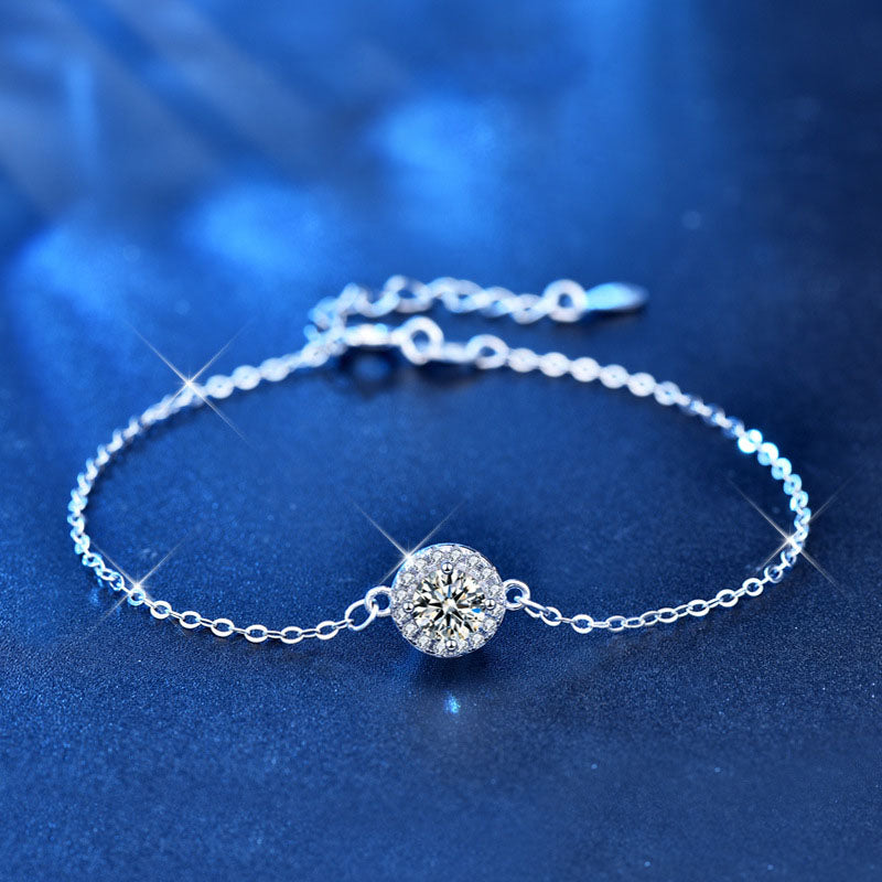 Women Round Moissanite CZ Flower 925 Sterling Silver Bracelet