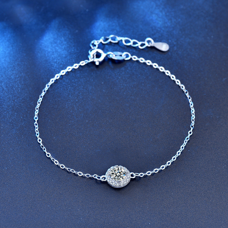 Women Round Moissanite CZ Flower 925 Sterling Silver Bracelet