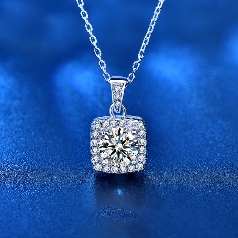 Office Round Moissanite CZ Square Border 925 Sterling Silver Necklace