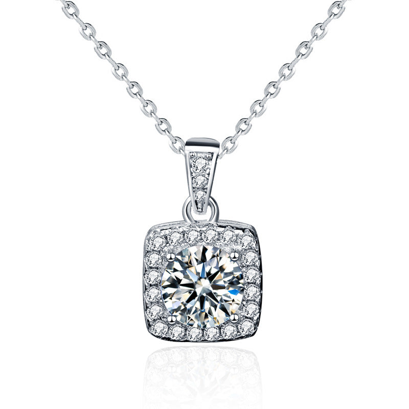 Office Round Moissanite CZ Square Border 925 Sterling Silver Necklace