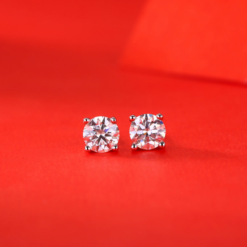 Honey Moon Four Claw Moissanite CZ 925 Sterling Silver Stud Earrings