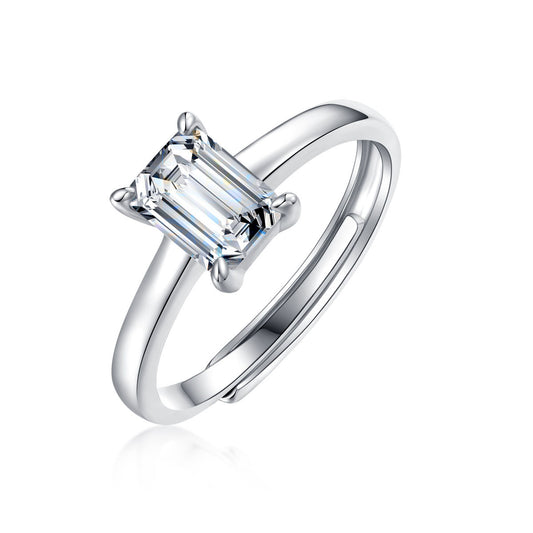 Simple Baguette Moissanite CZ 925 Sterling Silver Adjustable Ring