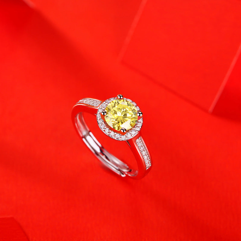 Gift Yellow Round Moissanite CZ 925 Sterling Silver Adjustable Ring