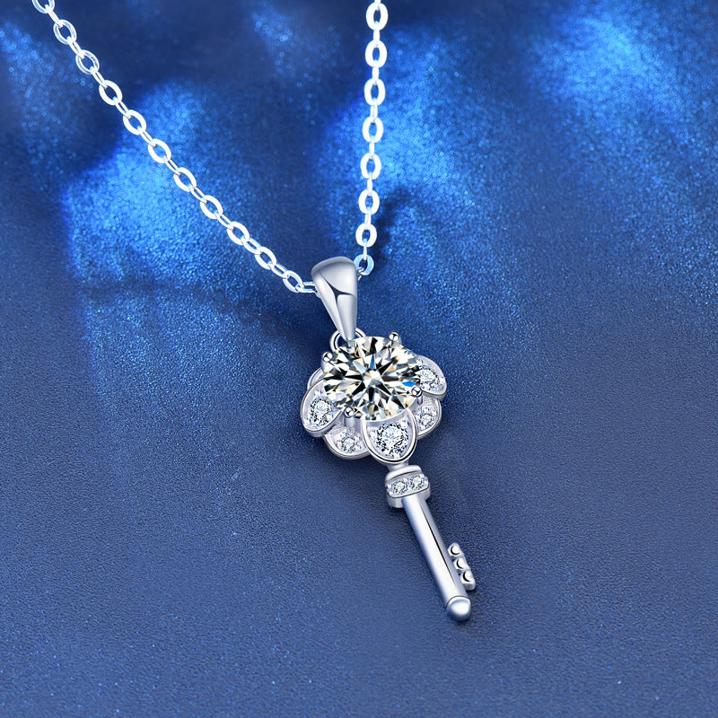 Holiday Flower Key Moissanite CZ 925 Sterling Silver Necklace