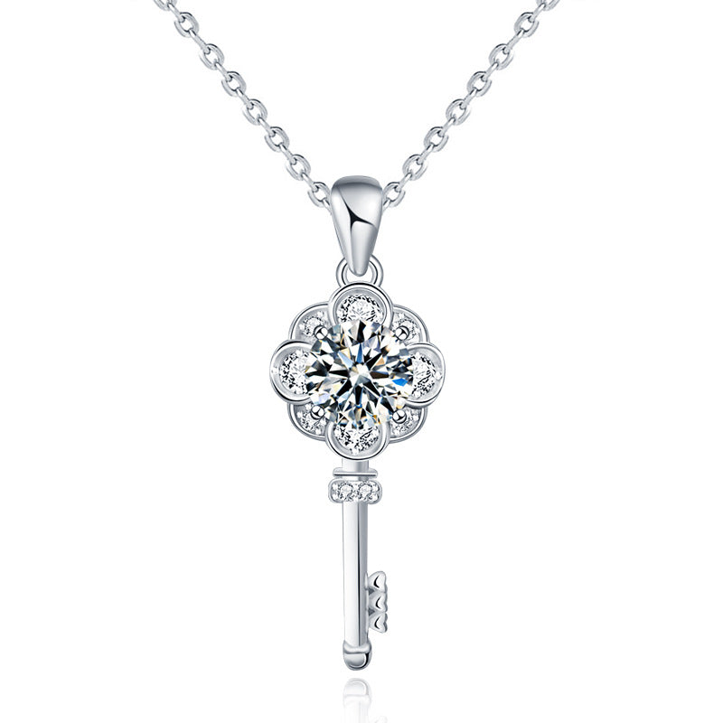 Holiday Flower Key Moissanite CZ 925 Sterling Silver Necklace