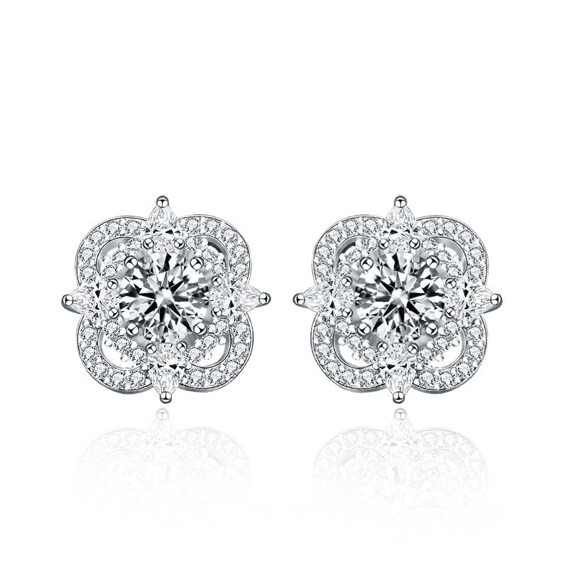 Classic Lucky Moissanite CZ Four Leaf Clover 925 Sterling Silver Stud Earrings