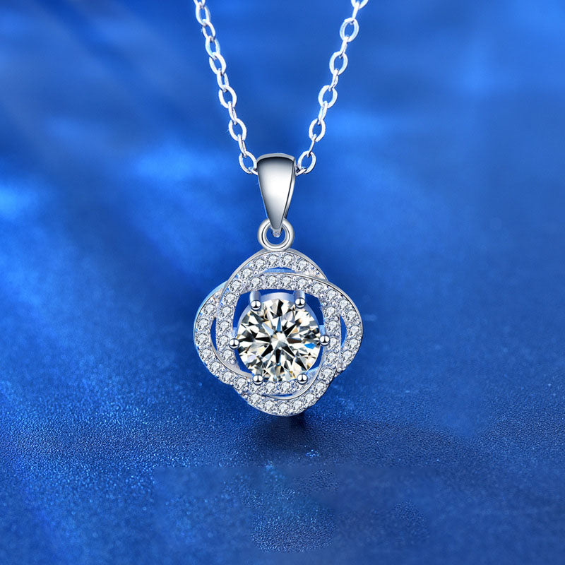 Women Beautiful Moissanite CZ Rose Flower 925 Sterling Silver Necklace