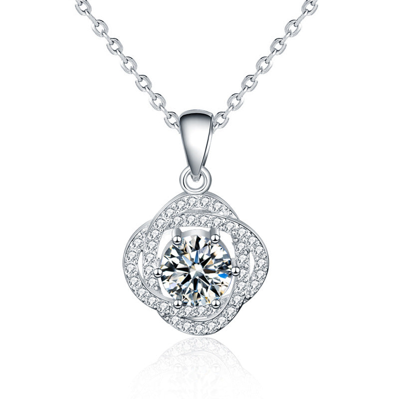 Women Beautiful Moissanite CZ Rose Flower 925 Sterling Silver Necklace