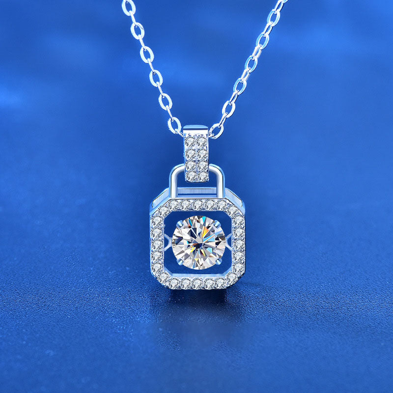 Casual Round Dancing Moissanite CZ Lock 925 Sterling Silver Necklace