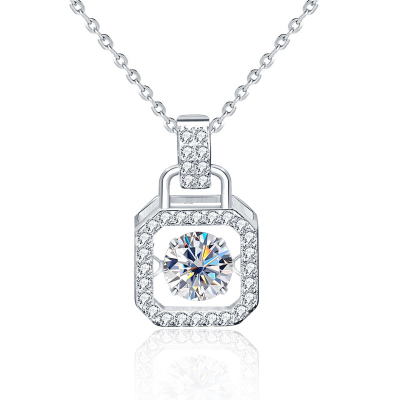 Casual Round Dancing Moissanite CZ Lock 925 Sterling Silver Necklace