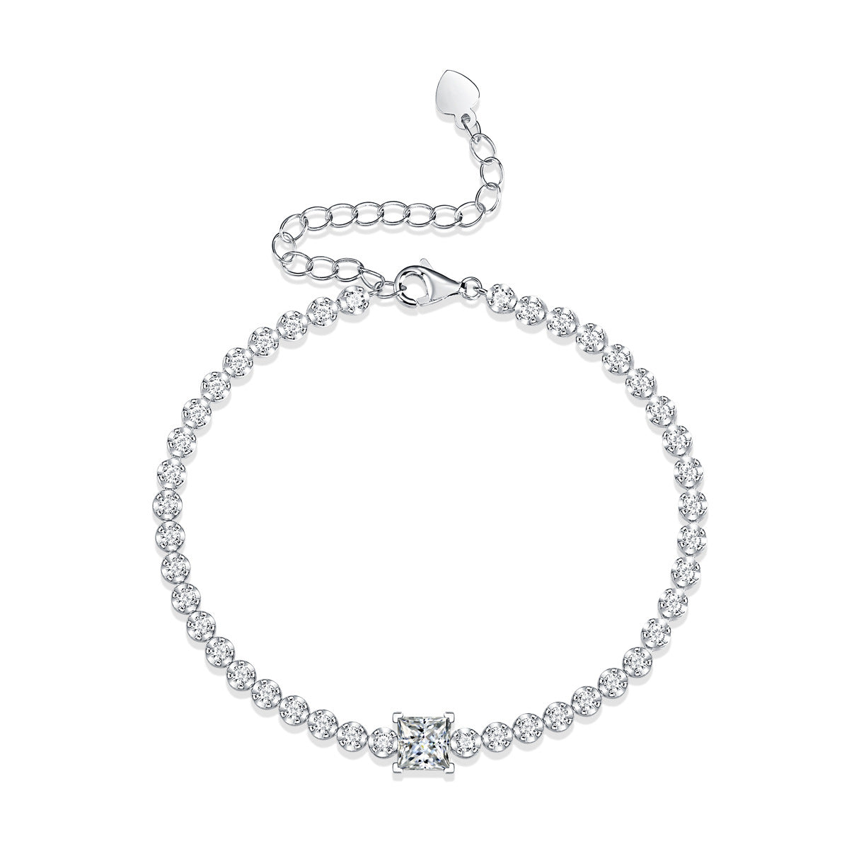 Gift Square Moissanite Round CZ Chain 925 Sterling Silver Bracelet