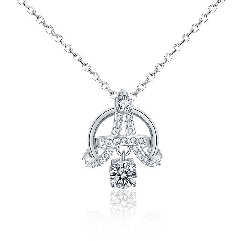 Modern Moissanite CZ Eiffel Tower 925 Sterling Silver Necklace