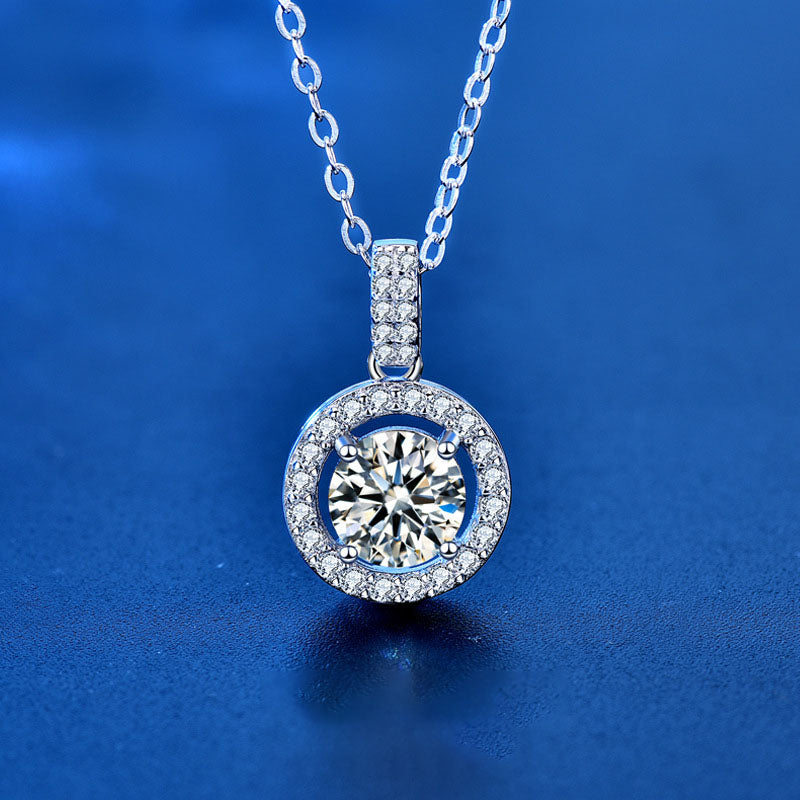 Casual Round Moissanite CZ Circle Border 925 Sterling Silver Necklace