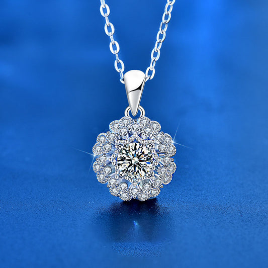 Beautiful Moissanite CZ Micro Setting Flower 925 Sterling Silver Necklace