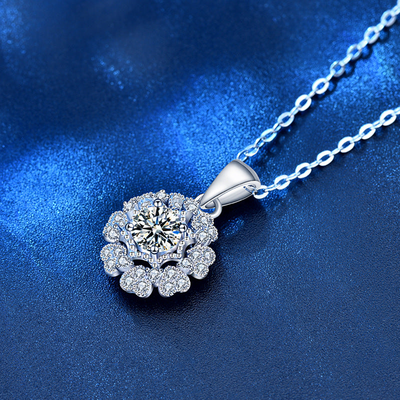 Beautiful Moissanite CZ Micro Setting Flower 925 Sterling Silver Necklace