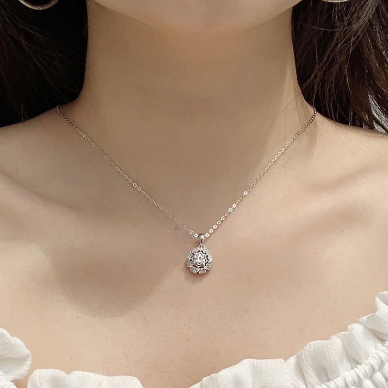 Beautiful Moissanite CZ Micro Setting Flower 925 Sterling Silver Necklace