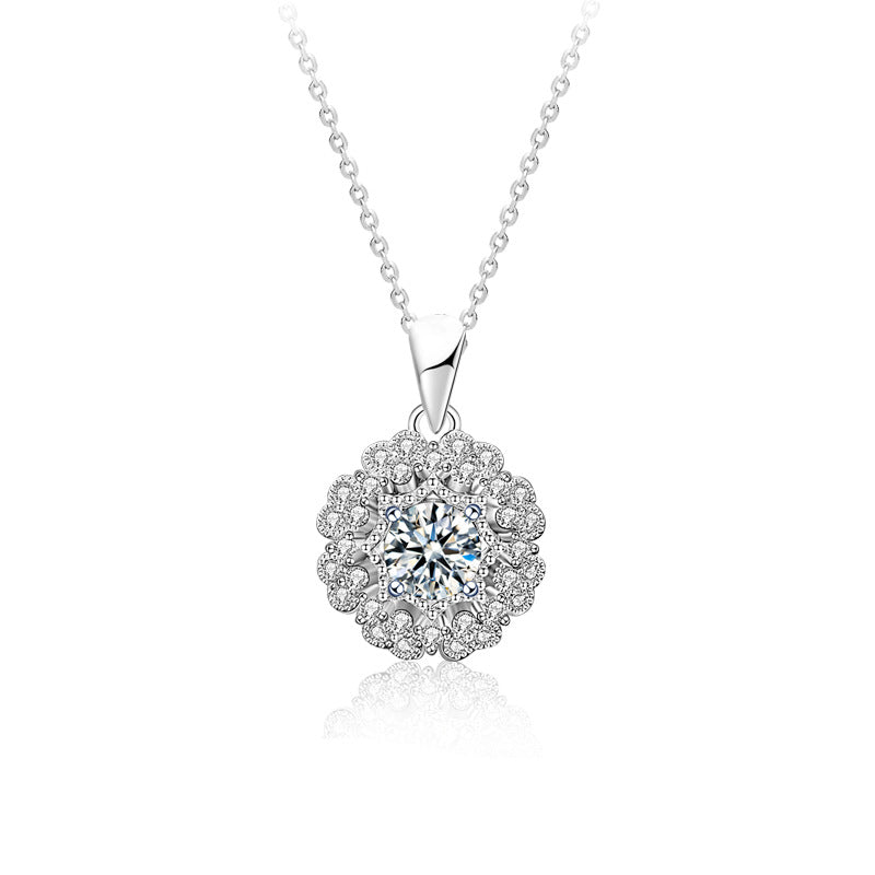 Beautiful Moissanite CZ Micro Setting Flower 925 Sterling Silver Necklace