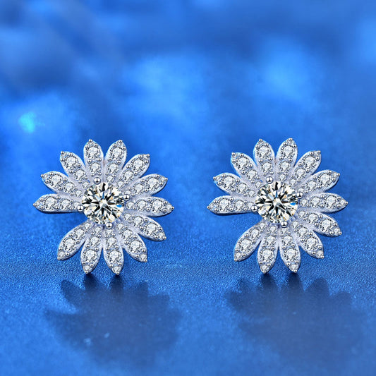 Beautiful Moissanite CZ Daisy Flowers 925 Sterling Silver Stud Earrings