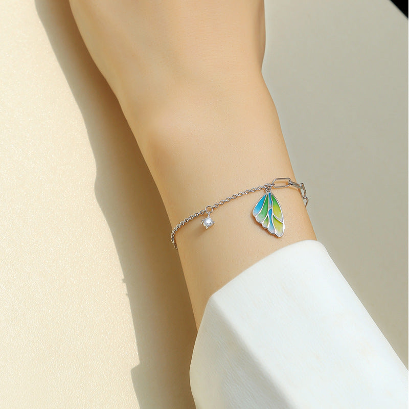 Fashion Colorful Enamel Butterfly Round Moissanite CZ 925 Sterling Silver Bracelet