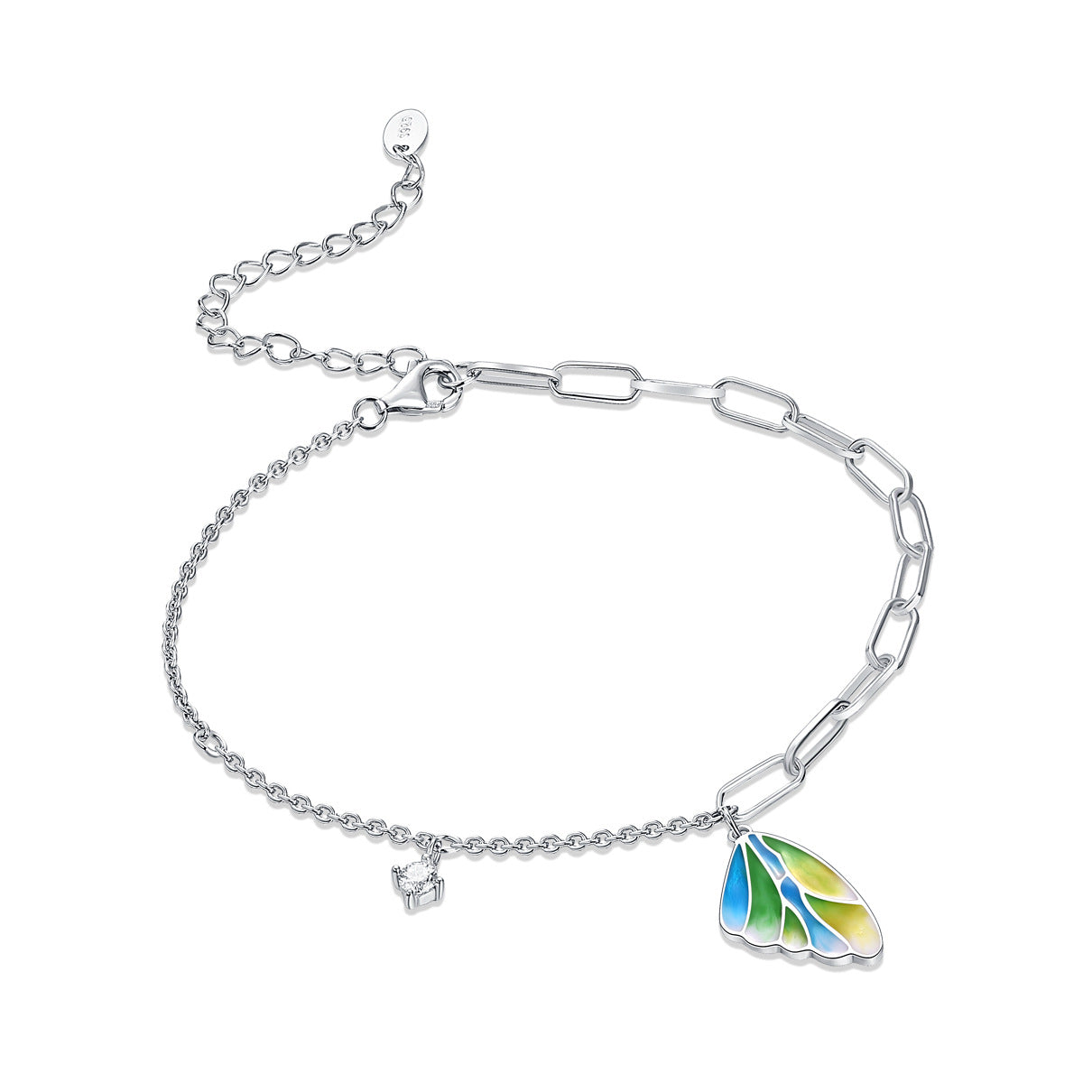 Fashion Colorful Enamel Butterfly Round Moissanite CZ 925 Sterling Silver Bracelet