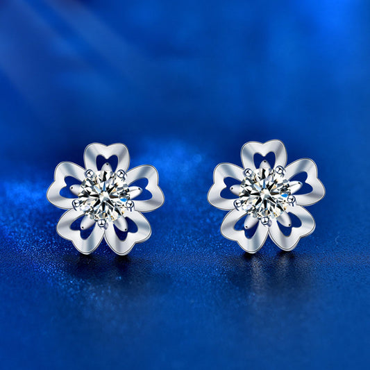 Girl Sweet Moissanite CZ Sakura Flowers 925 Sterling Silver Stud Earrings