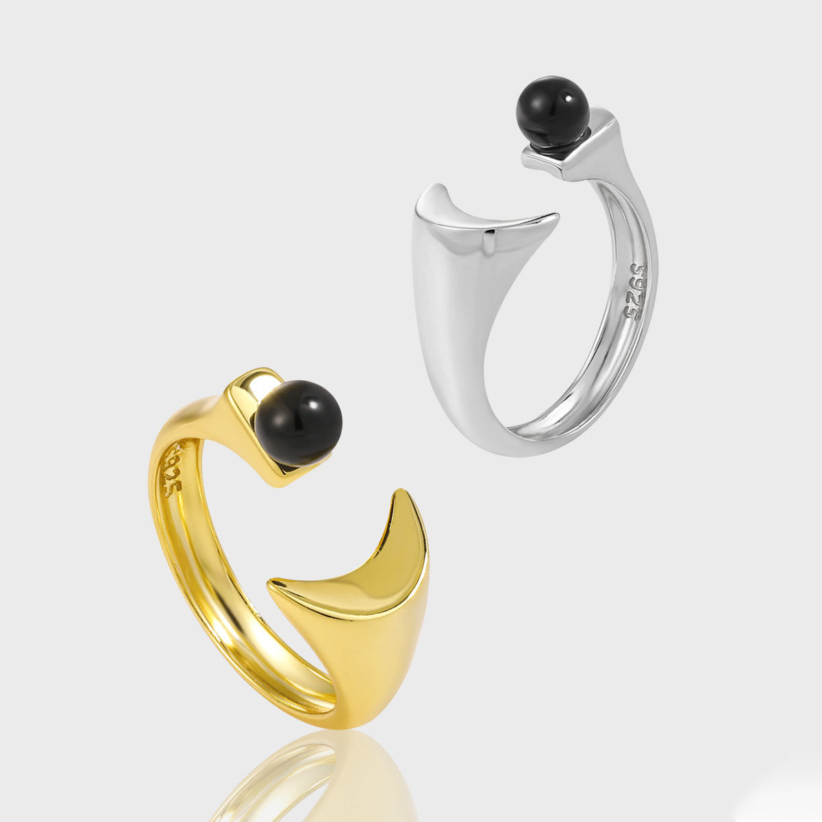 Graduation Round Black Agate Crescent Moon 925 Sterling Silver Adjustable Ring