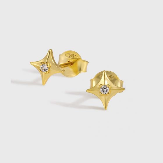 Office Shining CZ Four Pointed Star 925 Sterling Silver Stud Earrings