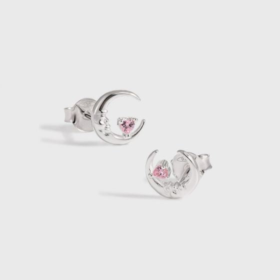 Fashion Pink Heart CZ Portrait Crescent Moon 925 Sterling Silver Stud Earrings