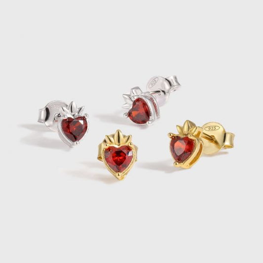 Beautiful Red CZ Heart Crown 925 Sterling Silver Stud Earrings