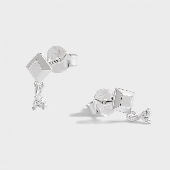 Friend's Geometry White Heart CZ 925 Sterling Silver Stud Earrings